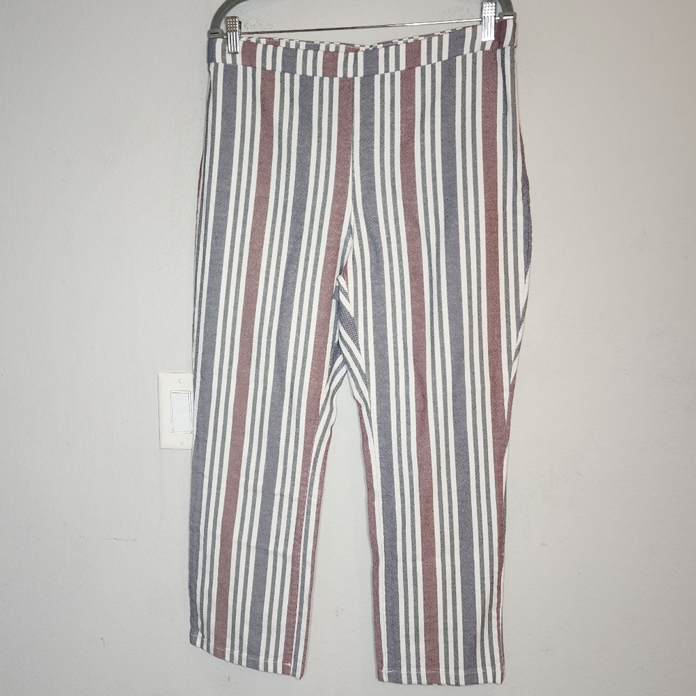 Free People Linen Blend Stripe Crop Ankle Pants Blue Green Red White Size 12